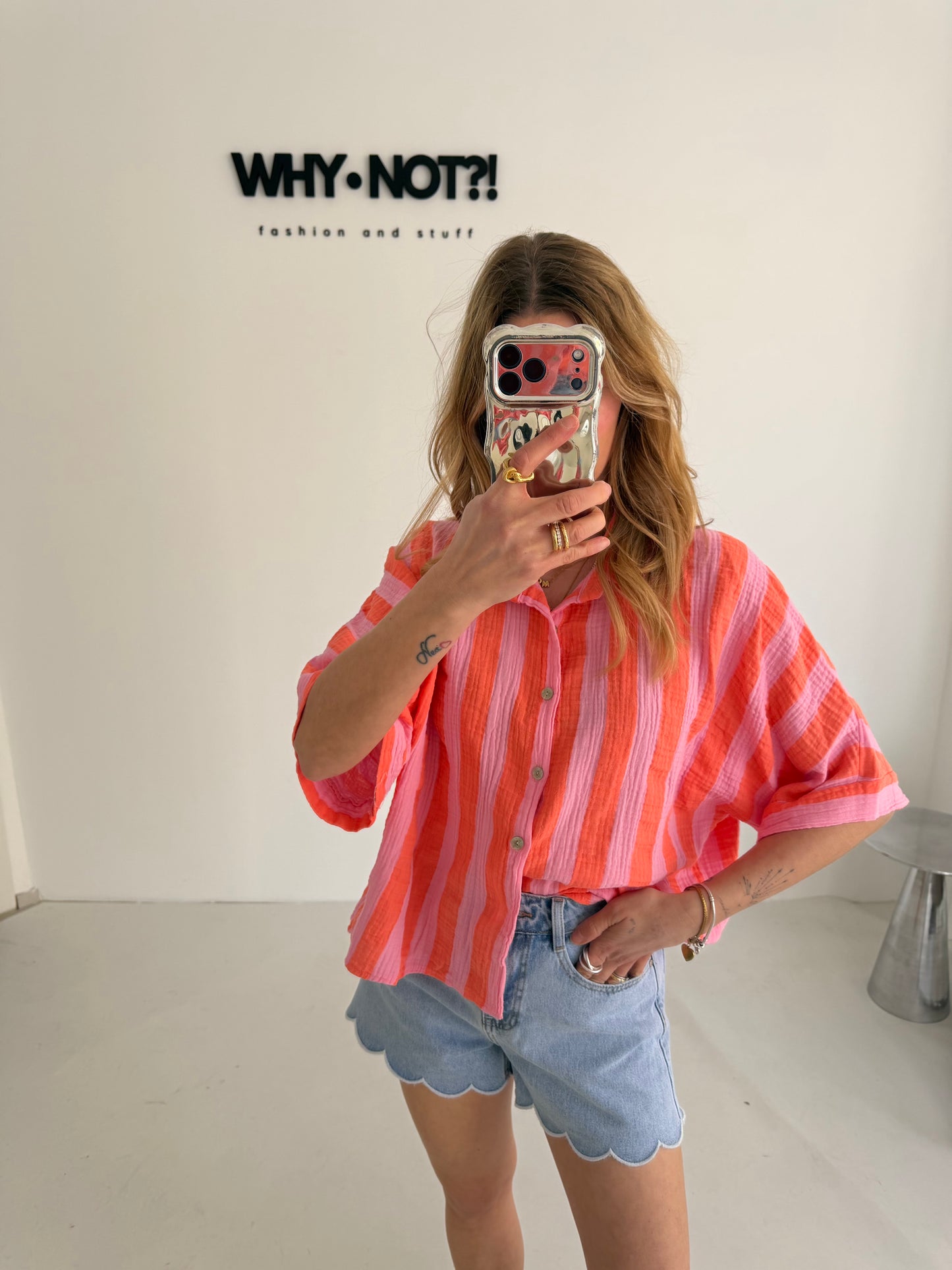 Musselinbluse stripes koralle