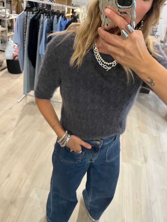 Mohair/ Merino Halbarmshirt mit Zopfmuster grau