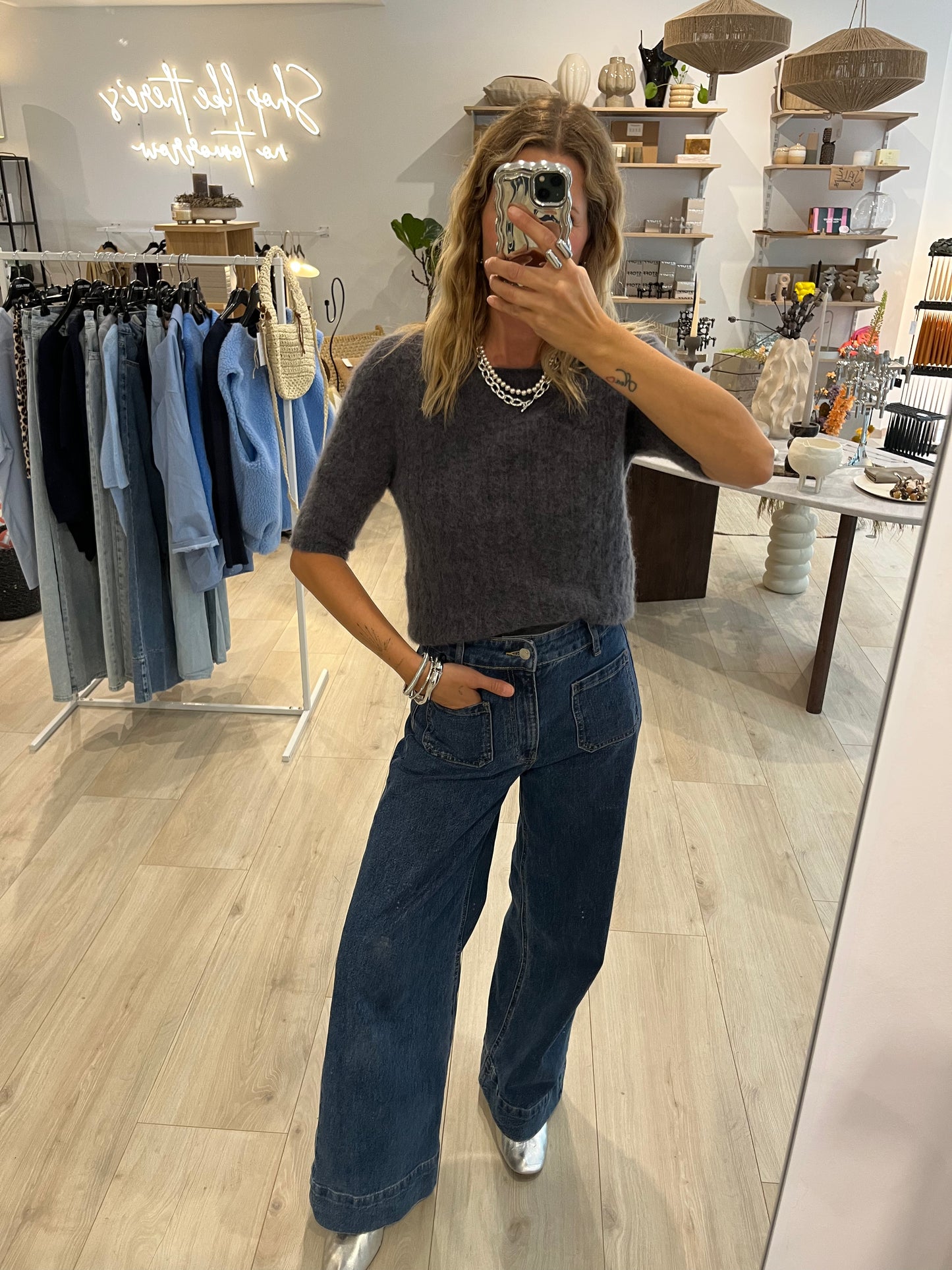 Mohair/ Merino Halbarmshirt mit Zopfmuster grau