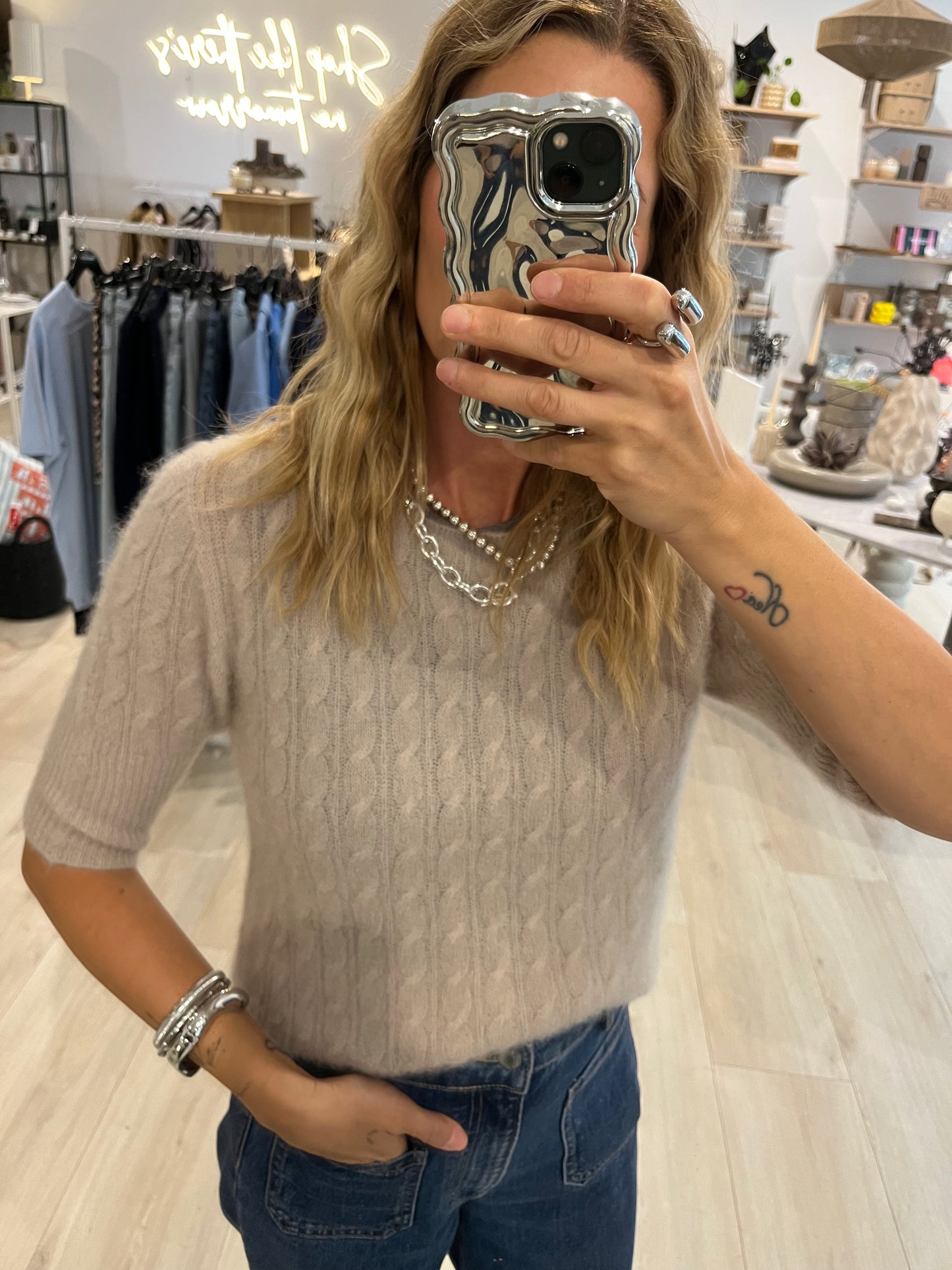 Mohair/Merino Halbarmshirt mit Zopfmuster beige