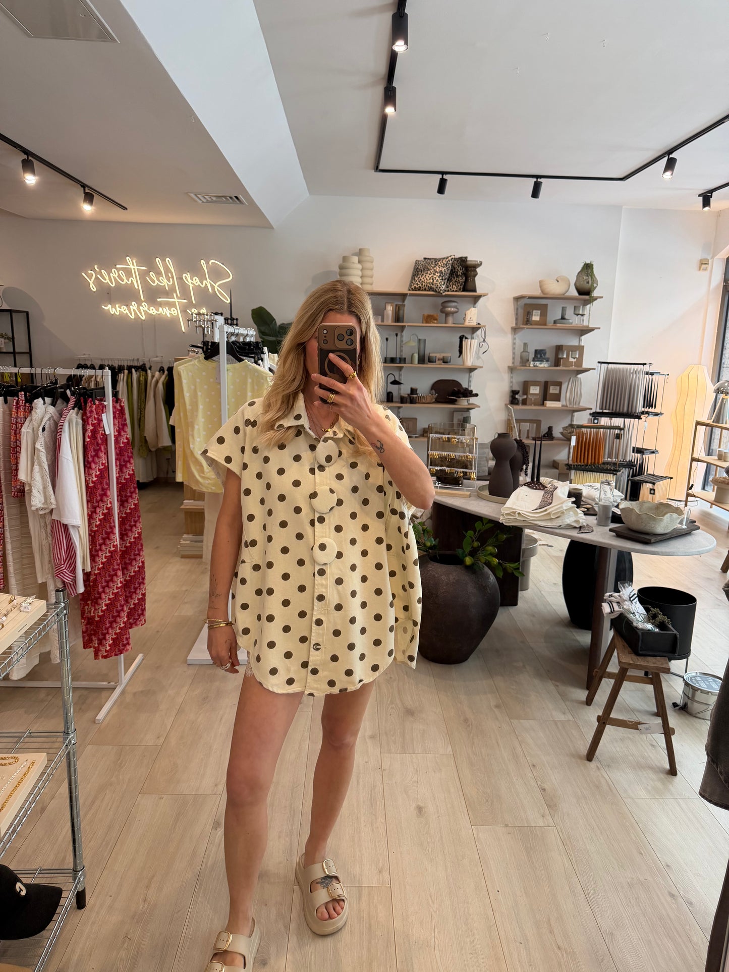 Jeansweste polka dots beige